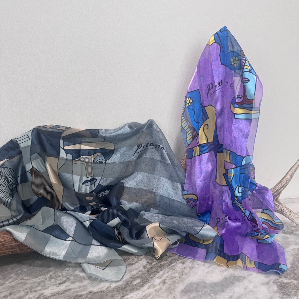 Picasso Inspired Art Scarf Set Cubist Portrait Square & Long Sheer Bundle